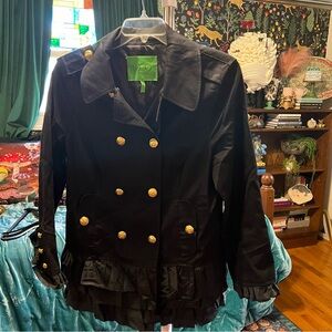 Black double-breasted blazer with ruffle detail